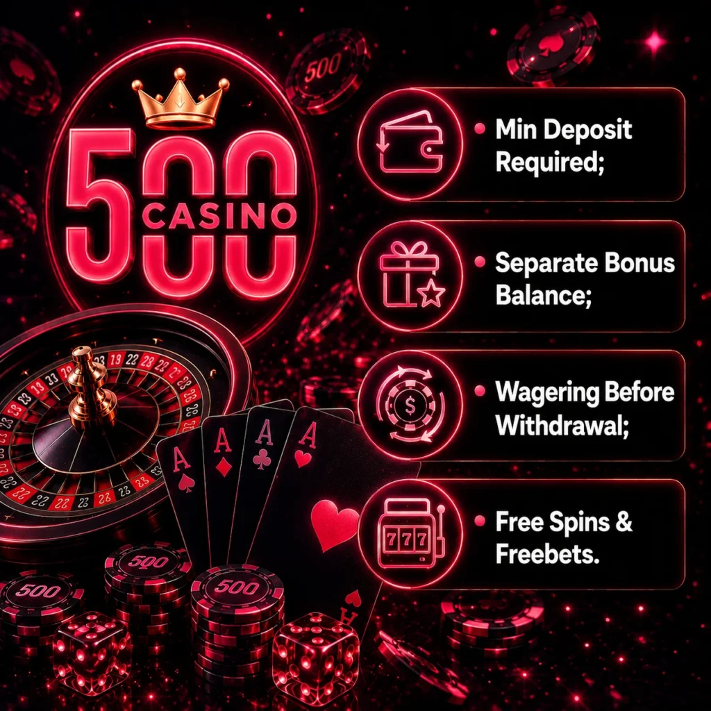 Casino bonus terms banner with deposit, wagering and free spins icons.