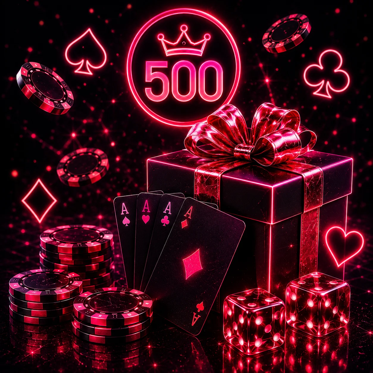 Neon casino gift box banner with poker chips, cards and glowing logo.