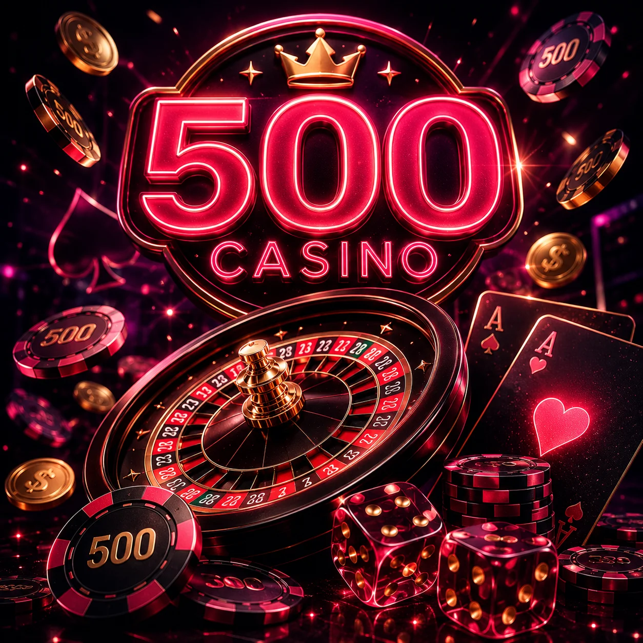 500 Casino neon banner with roulette, poker chips, cards and dice.
