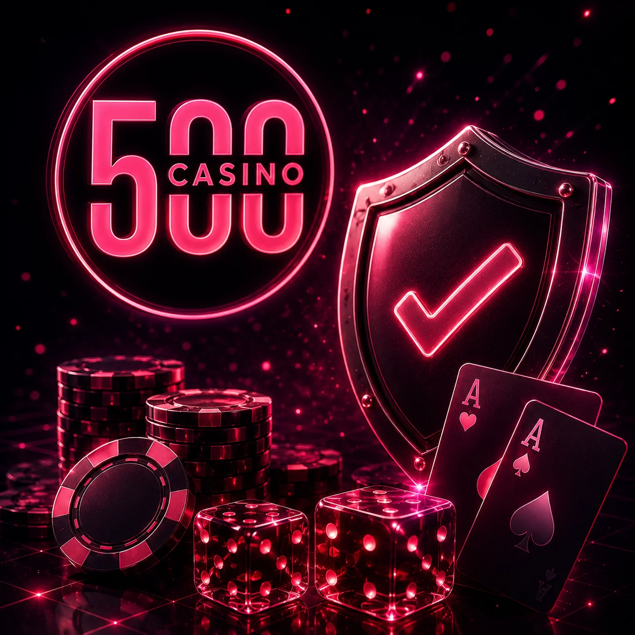 Neon casino security banner with shield, cards, chips and glowing logo.